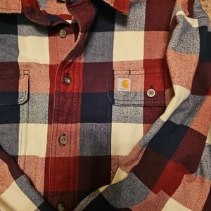 Carhartt Men's Red, Blue, and Cream Plaid Shirt Lg Tall Heavy Flannel